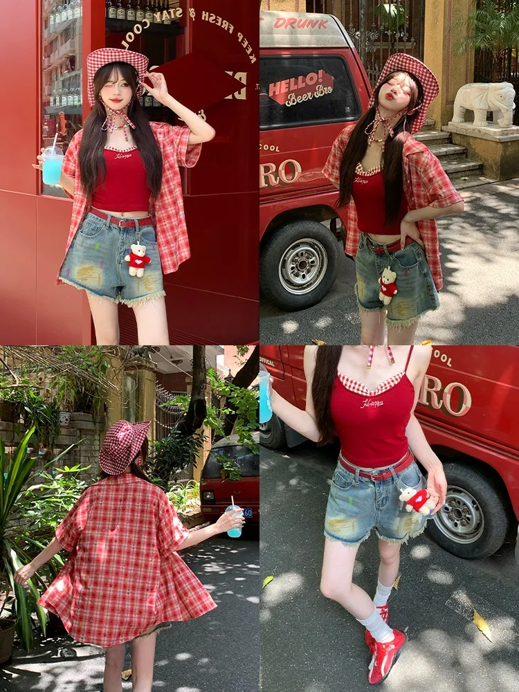 

Красный клетчатый свободный женский irt ort Sve Casual Sweet Sle из полиэстера против морщин, деформация, обычная длина све