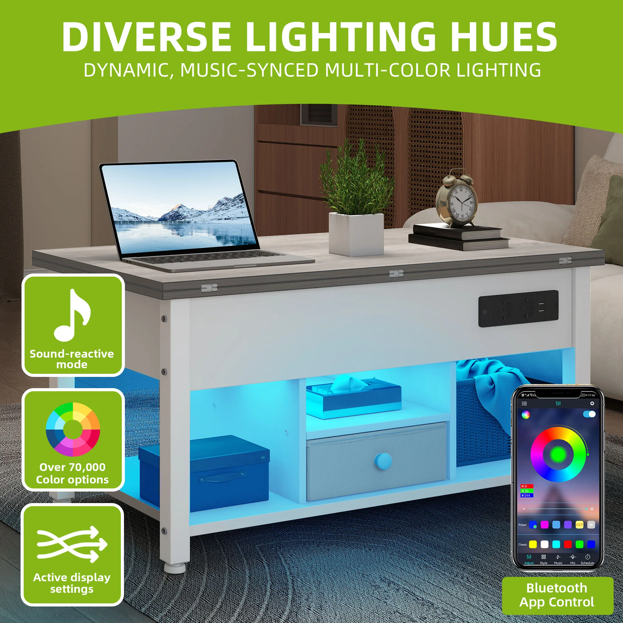 طاولة قهوة YITAHOME باللونين الأبيض والرمادي 4 في 1 - ارتفاع قابل للتعديل، تتحول إلى طاولة الطعام مع مساحة تخزين وإضاءة LED