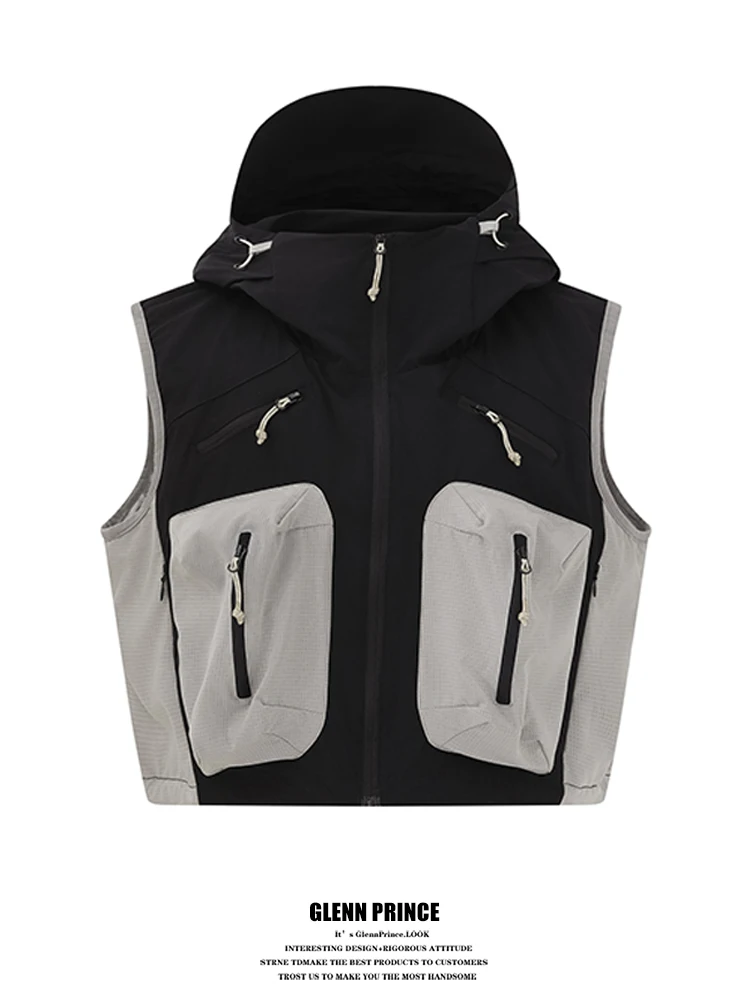 

Outdoor Climbing Jaet Vest Men's Color Blo Hooded Workwear Jaet Youth Summer Casual Loose Fit Zipper ket ort Sle