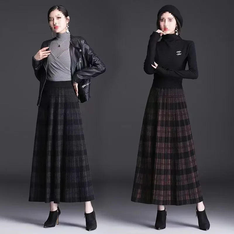 Plaidknit Medium-length High-waisted A- line Skirt Autumn/winter Thickened Pleated Dress Long Dress Drape Sense