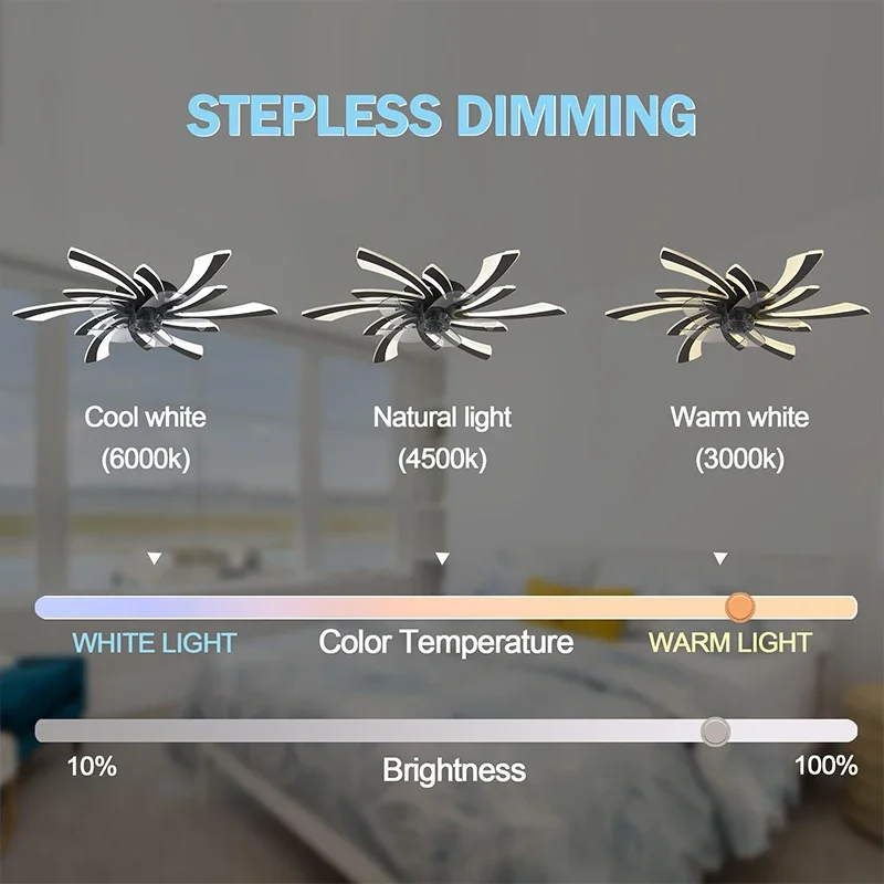 Modern Bedroom Silent Fan with Ceiling Light and Remote Control Chandelier Timer Reversible 6 Speed Home Light Emitting