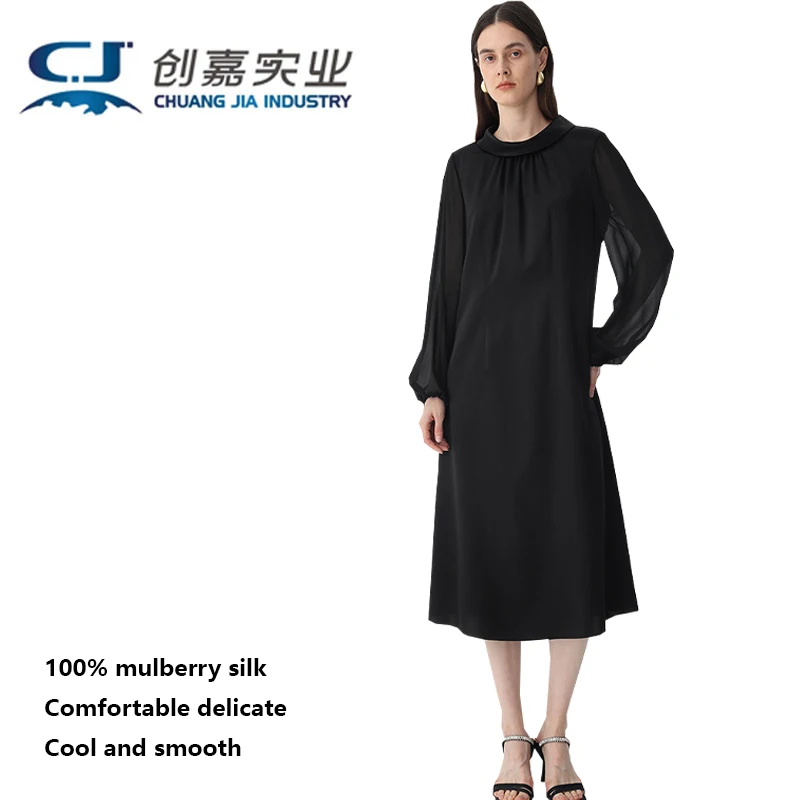 Luxury Silk Women's Dress - Elegant and Simple Long-Sleeved Mid-Length Dress - Comfortable and Soft Casual Style