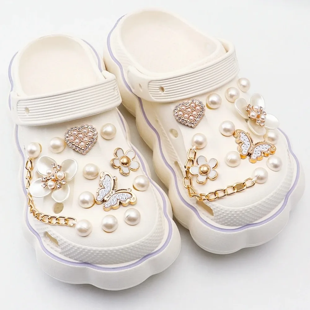 Pink Shoe Charms Set Creative DIY Shoe Flower Diamond Pearl Rhinestone Detachable Chain Buckle Girls Shoe Decoration
