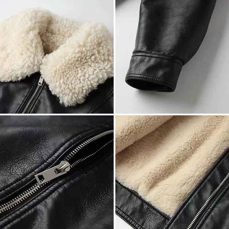 Vintage Streetwear Leather Jacket Motorcycle Jacket Women Lamb Wool Collar Fleece Lined PU Leather Coat Zipper Warm Short Tops