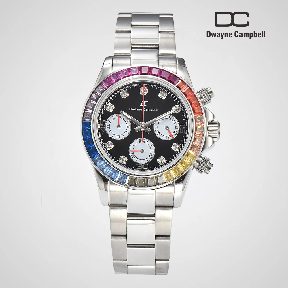 

39.3MM VK 63 Movement Chronograph Men's Watch Stainless Steel Case/Strap 30m Waterproof Colorful Gemstones Design Can DIY Logo