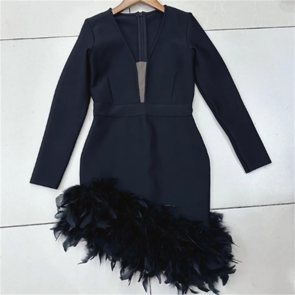 

V-neck low-cut sexy long-sleeved feather black dress party banquet evening dress