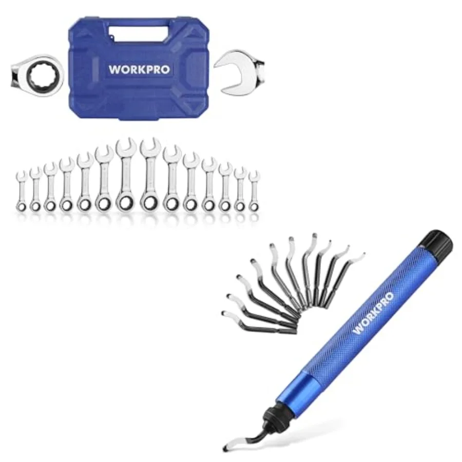 

WORKPRO 14-Piece Ratcheting Combination Stubby Wrench Set and WORKPRO Deburring Tool with 11 Extra High Speed Steel Swivel Blad