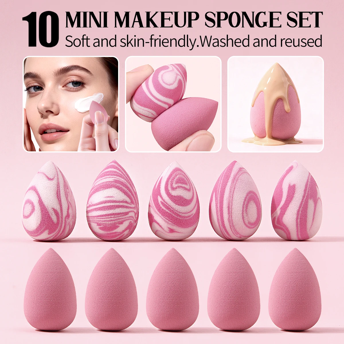 10PCS Mini Pink Makeup Sponge Set,Teardrop Small,Concealer&Fine Lines,Skin-Friendly Cosmetic Sponges,Washable Reusable Portable