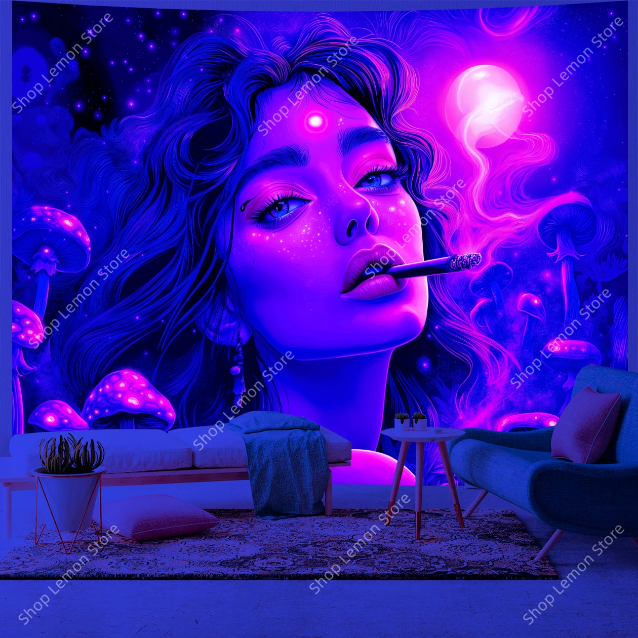 

​​Enchanted Cosmic Mushroom Girl Mystical Purple Pink Blue Galaxy UV Tapestry Wall Art for Cozy Home Bedroom Dormitory Decor​​