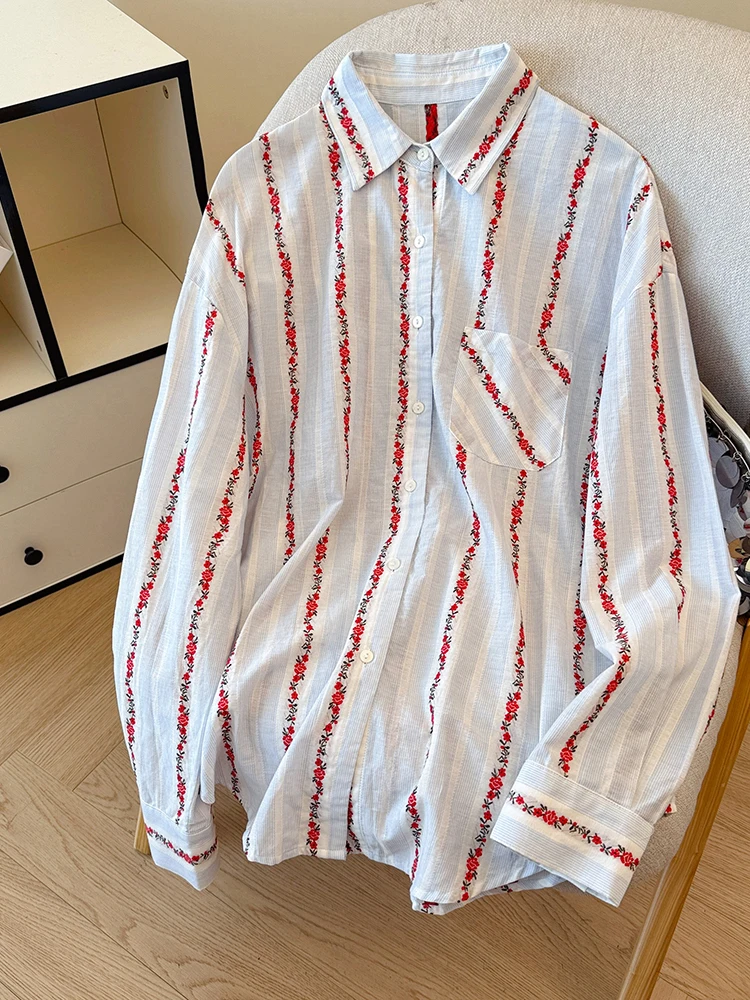 

Ele Casual Floral Striped Ne irt Женские свободные хлопковые длинные све irt Универсальные весенне-осенние irt