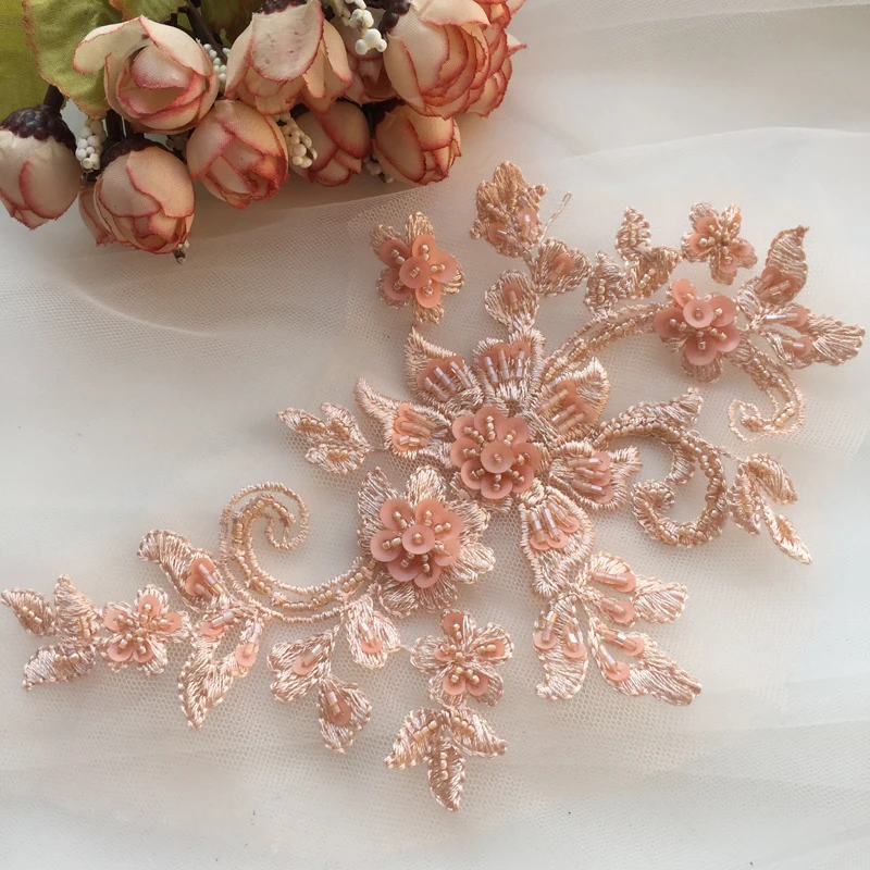 DIY Handmade Beaded Flower Applique, Flower Patch, Wedding Dress Accessories, Lace Embroidery, Mending Clothes,2 Pair/4 Pc