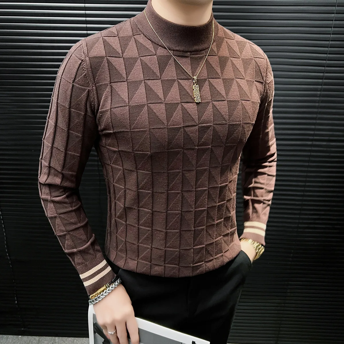 

Pull Homme Autumn Winter New Elegant Plaid Sweater Men Clothing Korean Luxury Slim Fit Long Sleeve Men's Casual Knitwear 4XL-M