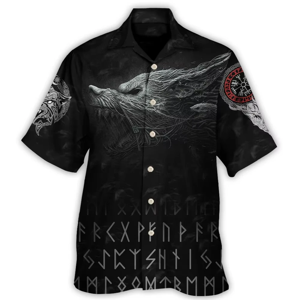 

​​Norse Beast Mode Shirt 2024 Men's Viking Animal 3D Print Cuban Collar Short Sleeve Vintage Streetwear​