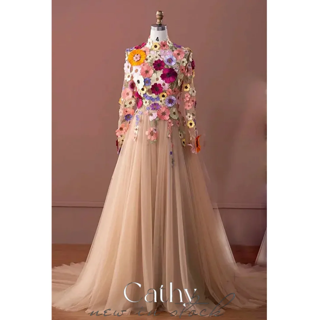 

Cathy Flower Appliques Prom Dresses High Neck Tulle A-line فساتين السهرة Elegant Long Sleeves Floor-Length vestidos verano moda