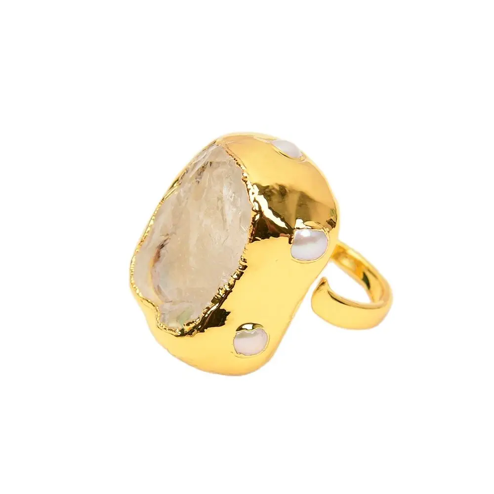 GG Natural Clear Quartz White Pearl Paved Gold Plated Crystal Rings Adjustable Handmade Vintage Gems Ring