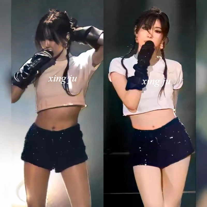 Kpop Jazz danse vêtements discothèque femmes chanteur scène Costumes noir brillant paillettes Shorts Festivals rue Performance Rave Wear