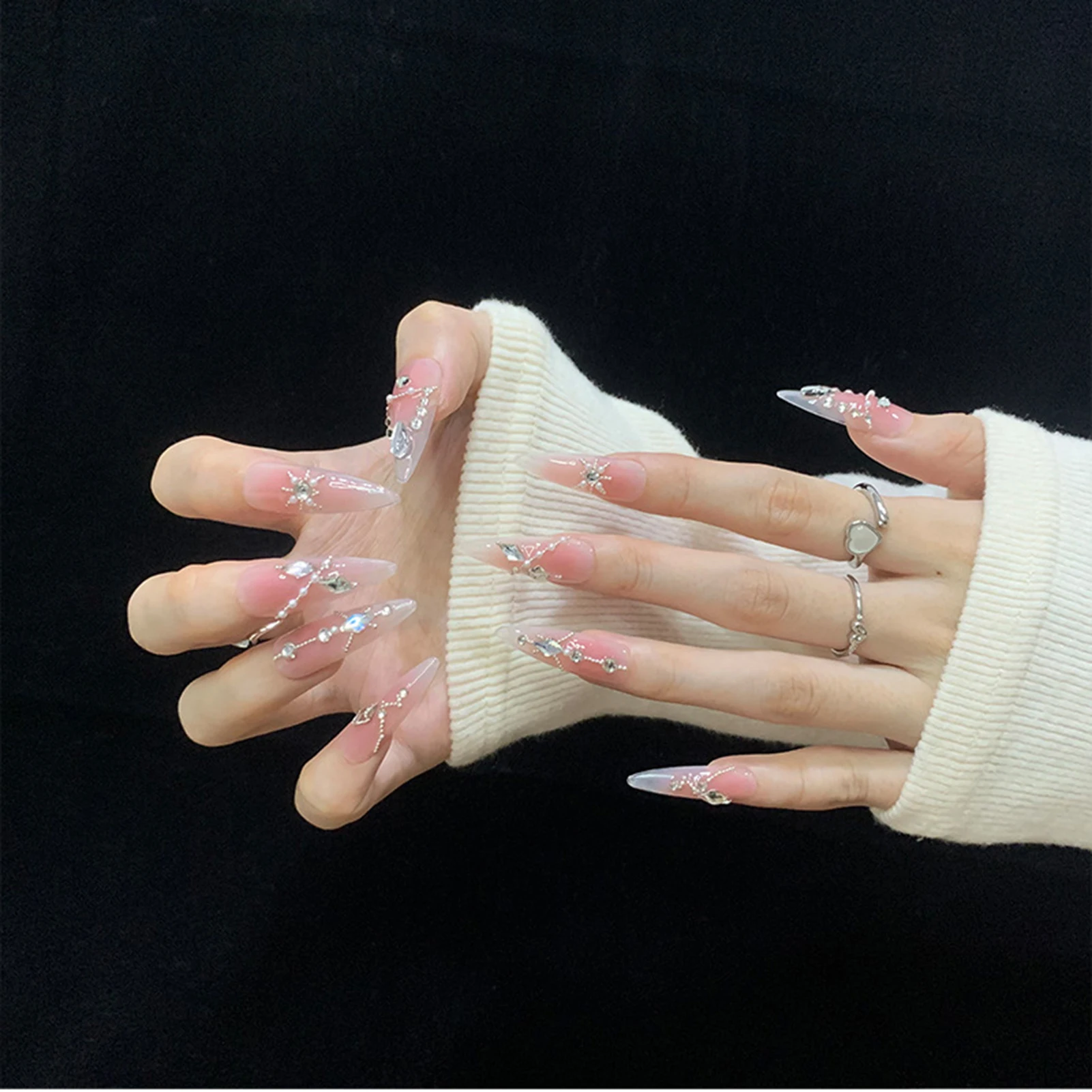 

Pink Long False Nails with Rhinestone Ultra-flexible Long Lasting Fake Nails for Daily and Parties Wearing