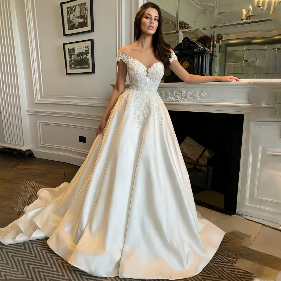 

Великолепные свадебные платья по индивидуальному заказу для невесты с открытыми плечами, кружевные аппликации, плиссированное бальное платье с часовней и шлейфом, Vestido De Novia