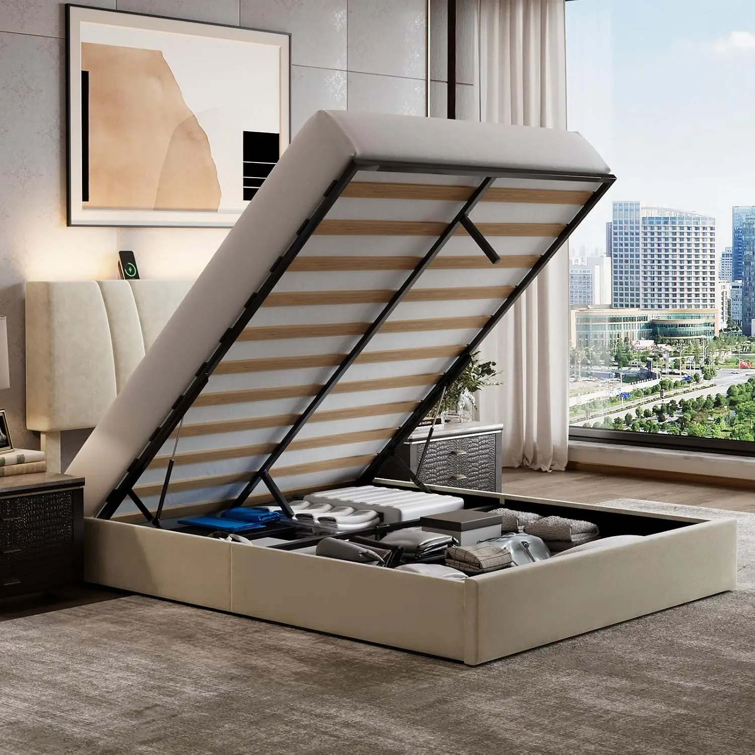 White Queen Size Lift-Up Storage Bed Frame with Built-In Charging Station and LED Lights