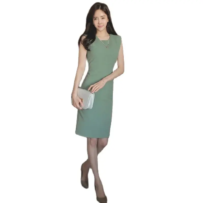 2023 New Summer Elegant Office Green Dress Ladies Sleeveless O Neck Midi Bodycon Dress Party Sheer Dresses for Women Vestidos