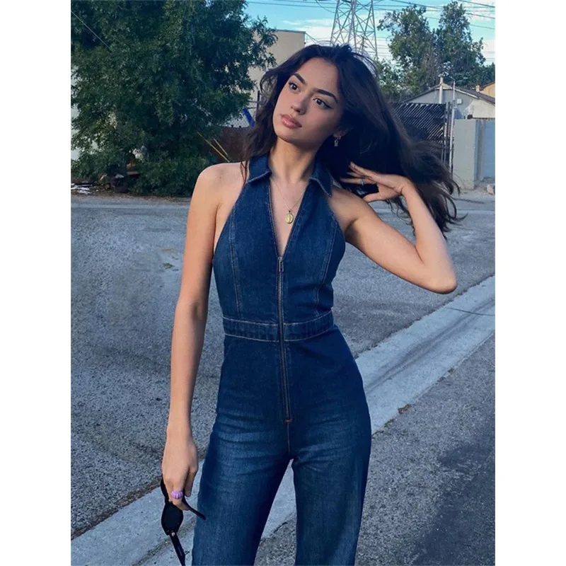 Vintage Denim Halter Jumpsuits Women Classic Street Style Sleeveless Lapel Neck Zip Up Skinny Flare Overall Female Daily Outfits