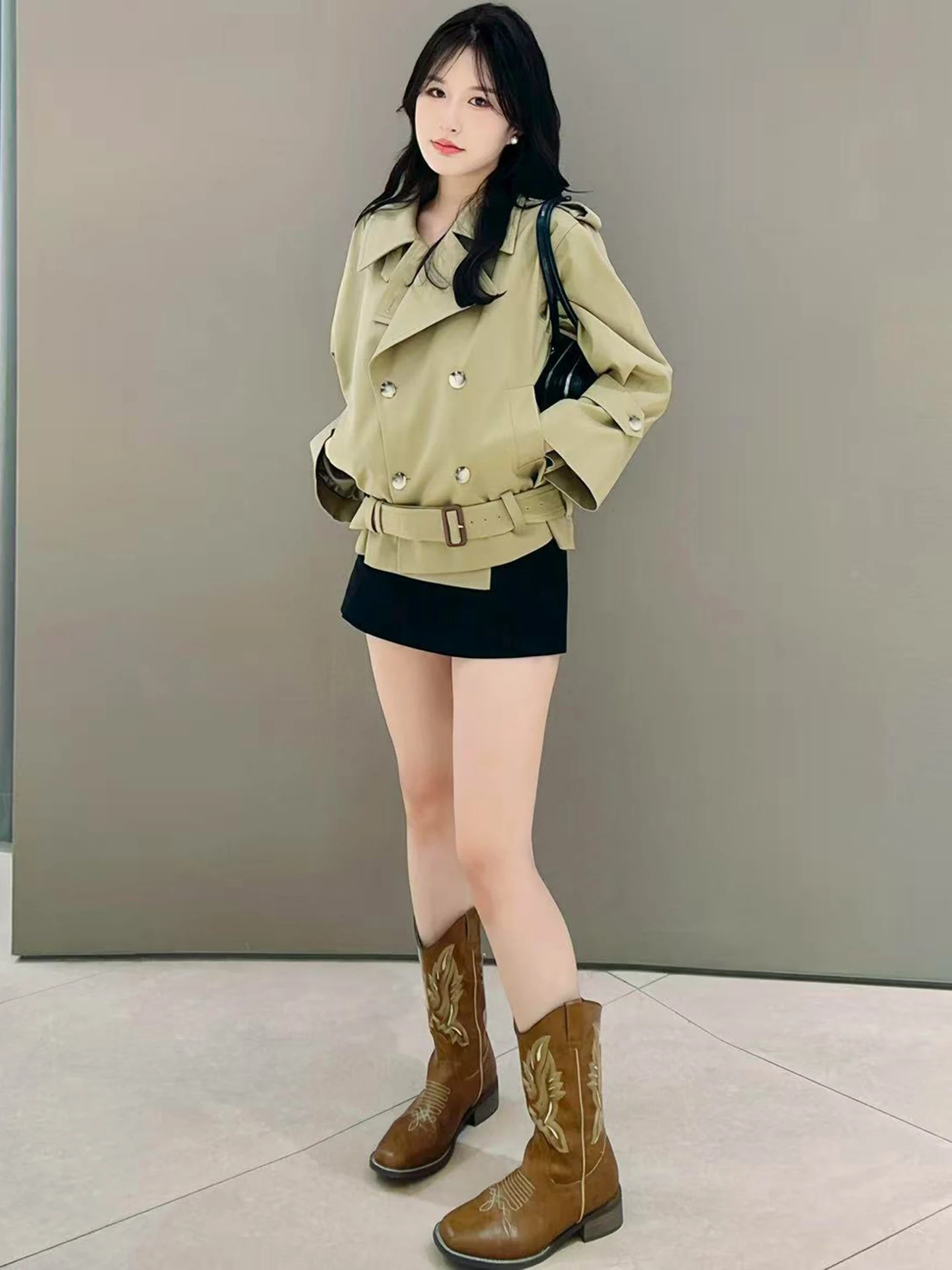 여성 더블 브레스티드 트렌치 코트 2025 가을 워크웨어 스타일 솔리드 컬러 패션 재킷 코트 여성