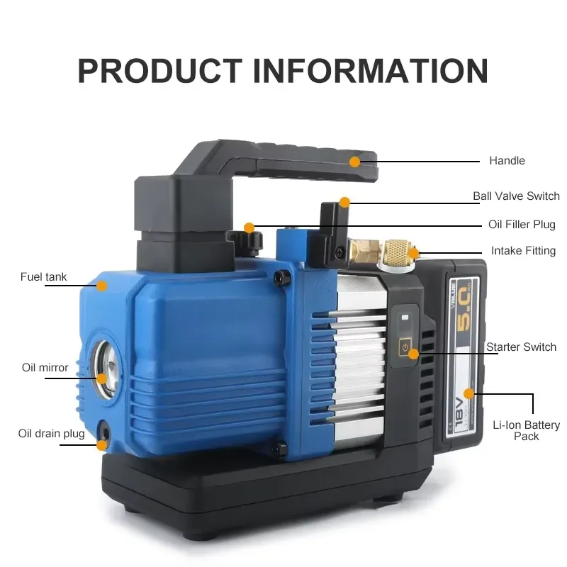 Portable 18V 5Ah Lithium Battery Vacuum Pump Two-Stage Mini for R32 R1234yf Refrigerant Aluminum Alloy Box