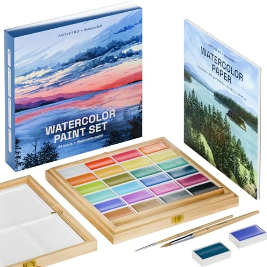 

x HANNAH M.P Professional Watercolor Paint Set Limited Edition with 24 colors in Bamboo Wooden Box 6ml XL Pans - 2 Brushes, Wat