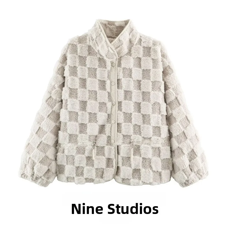 Nine Zar Women's Plaid Collar Lamb Fur Jacket Loose Fit Long Sleeve Button up Contrast Color Winter Outerwear Ladies Coat
