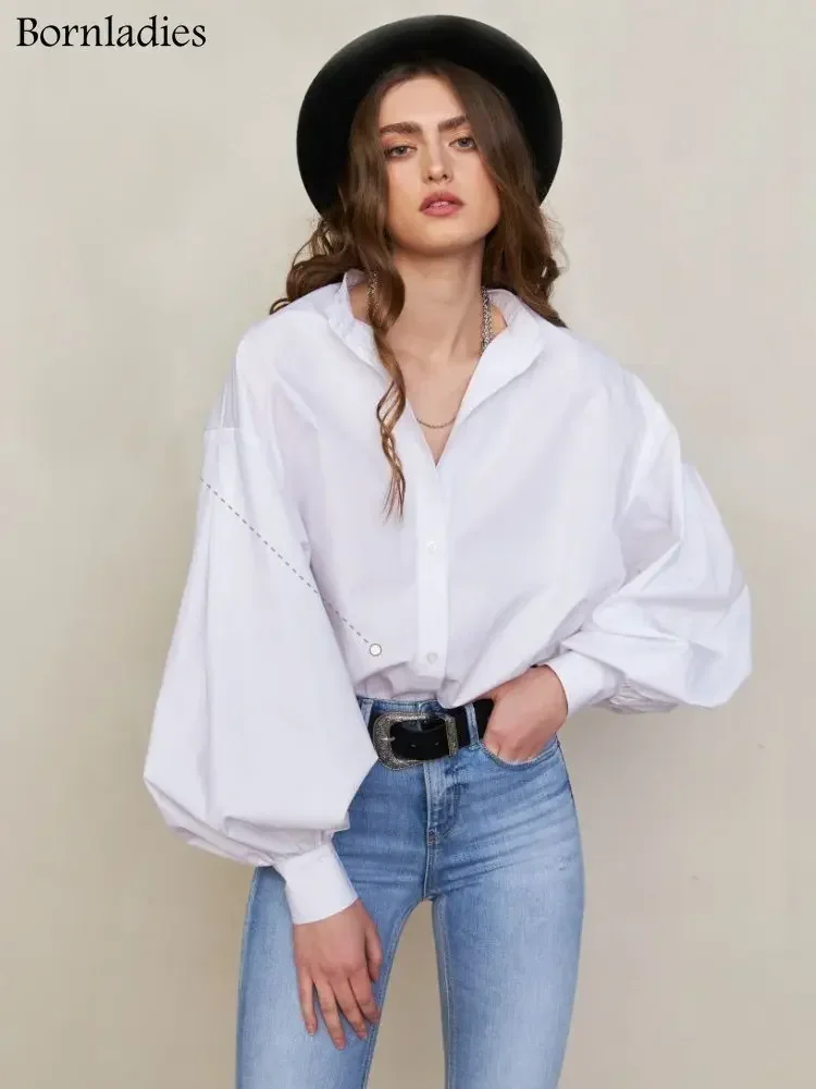 Bornladies Loose O-neck Women Stylish Shirts Spring Summer Lantern Sleeve Single-breasted Female 100% Cotton Blouse Ladies Tops