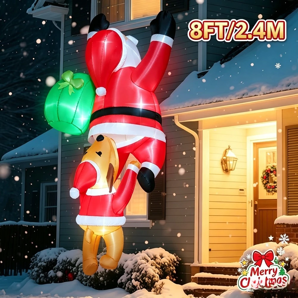 8FT Funny Christmas Inflatable Naughty Dog Chasing Santa Claus Lighted Blow Up Climbing Wall Roof Prop Porch House Outside Decor