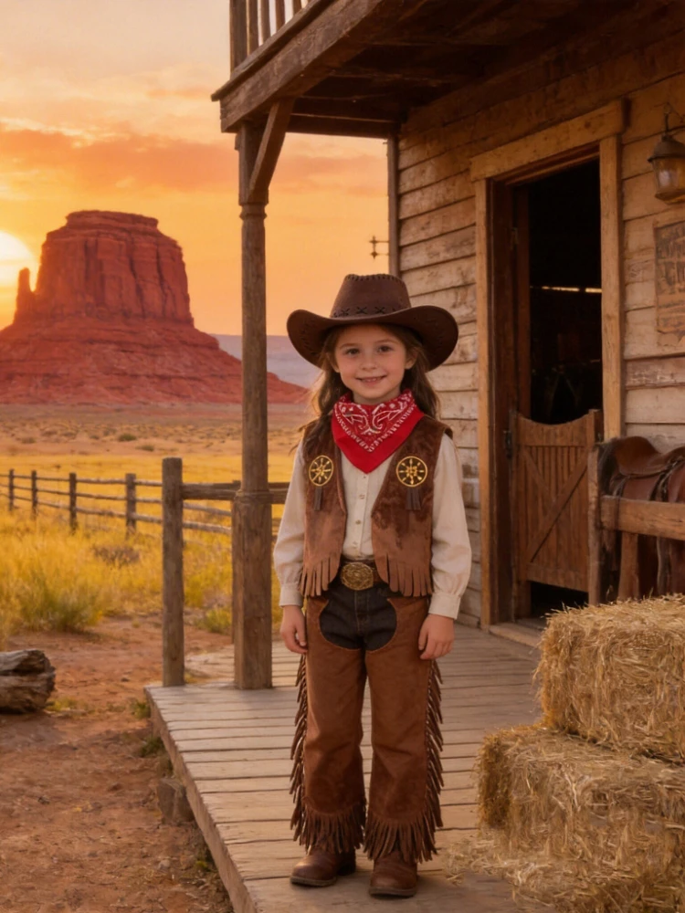 Boys Girls Western Cowboy Costume Set Cow Print Fringe Vest Outfit with Hat Bandana Halloween Cosplay Party Dress Up