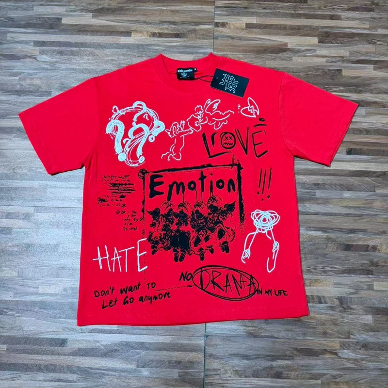High-Street-Punk-Graffiti-Engel-Print T-Shirts für Männer, Übergroße Rote Kurzarm-Grafik-Tops, Lässige Kleidung aus Baumwolle für den Sommer – Detail 6