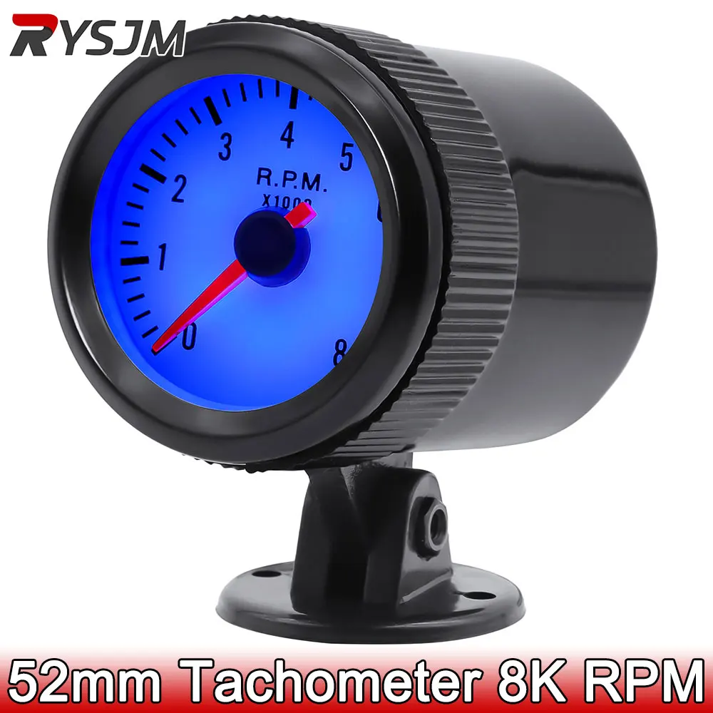 52mm Tachometer + Gauge Holder 8000 RPM Meter Blue Tacho Gauge Black for 1-8 Cylinder Gasoline Engine Car Gauge 12V