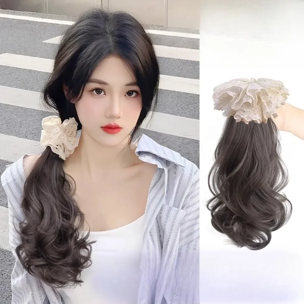 

35cm Synthetic Chinese Style Natural puffy Slightly Curly Lace Flower Low Ponytail Grab clip Wig for Women Hair Volume Extension