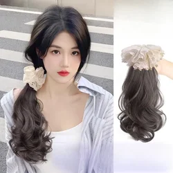 35cm Synthetic Chinese Style Natural puffy Slightly Curly Lace Flower Low Ponytail Grab clip Wig for Women Hair Volume Extension