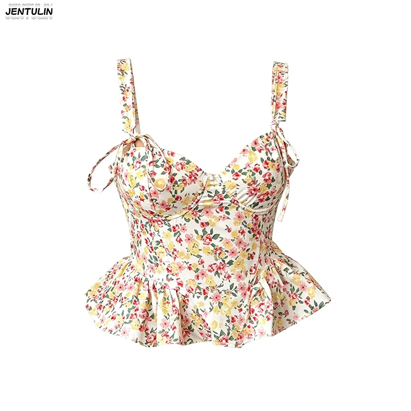 Floral Spring And Summer Lace Up Adjustable Fishbone Corset Waist Cinched Ruffled Edge Chest Cotton Camisole Small Vest