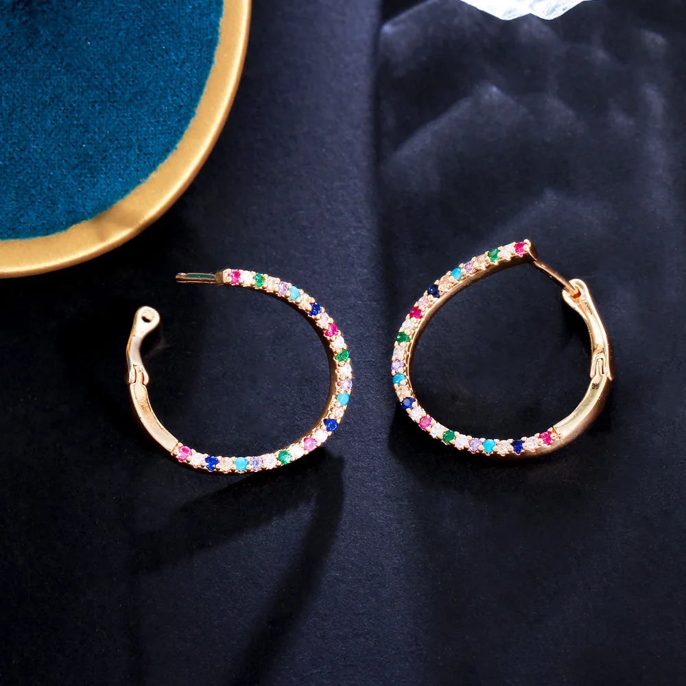 

ThreeGraces Multicolor Rainbow Cubic Zirconia Temperament Fashion Woman Thin Endless Hoop Earrings for Women Party Jewelry E2114