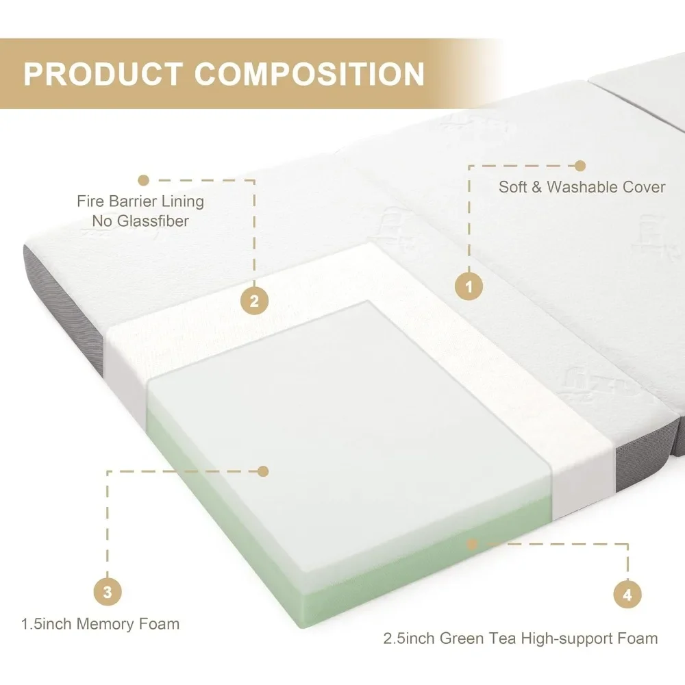 Folding Mattress, 4 Inch Memory Foam Tri-fold Mattress with Breathable & Washable Cover, Foldable Floor Mattress Guest Bed