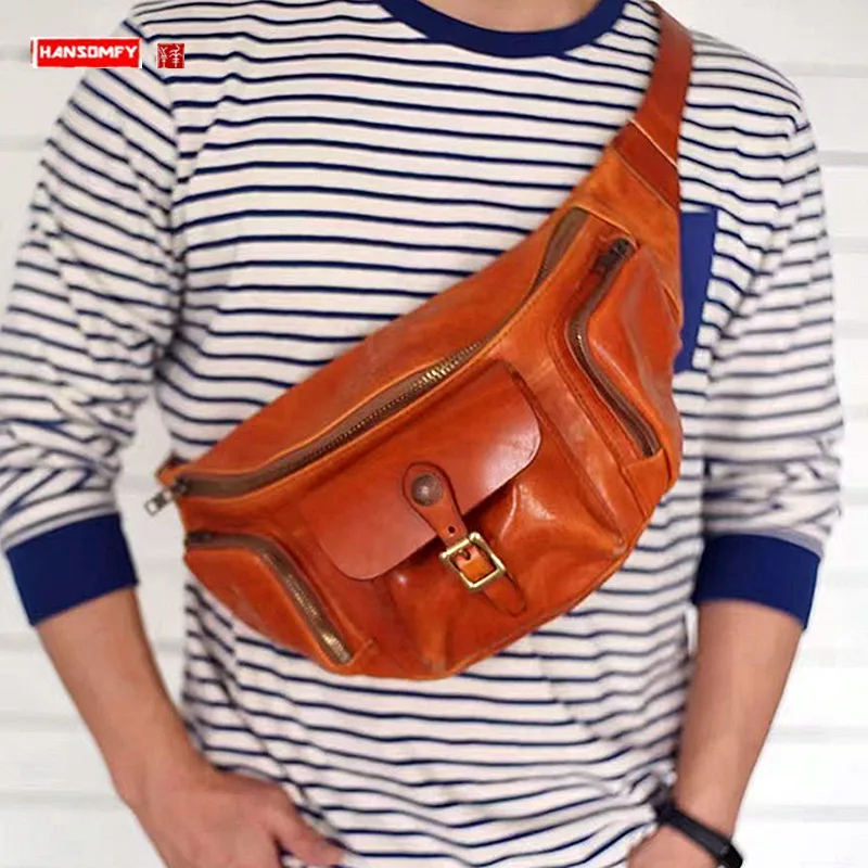 

Cowhide Men's Chest Bag Real-Leather Bag Large Capacity Waist Pack Street Fashion Retro Shoulder Messenger Bag Dumpling Fashion