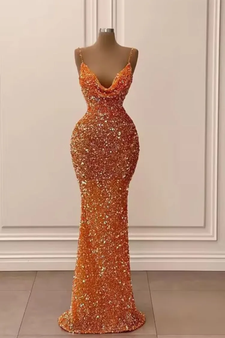 Customized Sequined Sexy Bodycon Prom Dresses Slim Waist Sling Pleated Vestidos De Noche Sleeveless Design Simple Wedding Robe