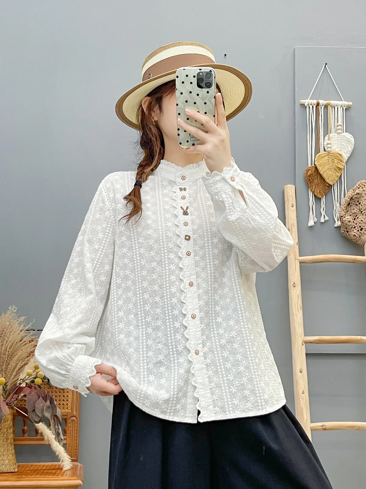 جديد 2025 الخريف قميص قطني بكم طويل ، المرأة الوقوف التطريز لطيف ، موري فتاة OL Preppy نمط الكشكشة بلوزة فضفاضة T58976CC