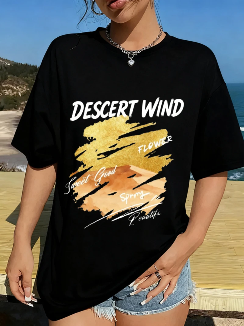 

Новая женская свободная черная футболка с короткими рукавами и принтом в стиле пустыни с текстовым узором, повседневная одежда и женский топ