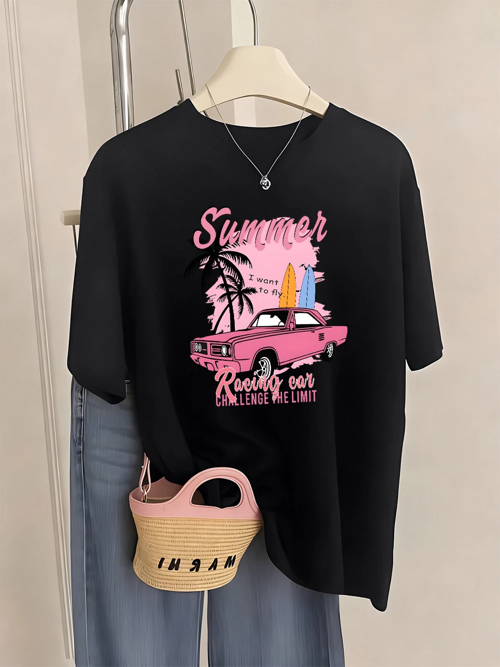 

Летняя футболка с принтом «гоночный автомобиль», женская повседневная футболка с круглым вырезом, удобные свободные топы с короткими рукавами, базовая мягкая женская одежда