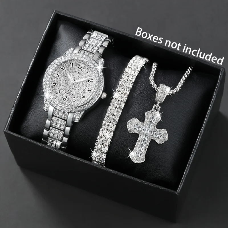 طقم ساعات كوارتز نسائية أنيقة مع لهجات حجر الراين وقلادة وسوار متقاطع - هدية مثالية للأم أو الصديقة