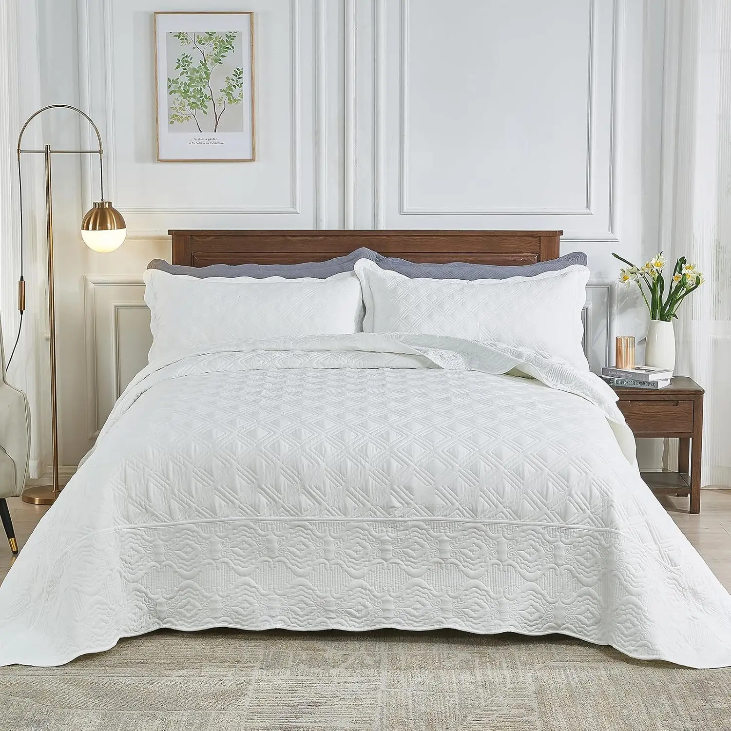 King Size Bedspread Set Oversized Queen Bedspread 106X96 Inches King Bed Quilt Set Lightweight Coverlet Sets With Shams Grid &