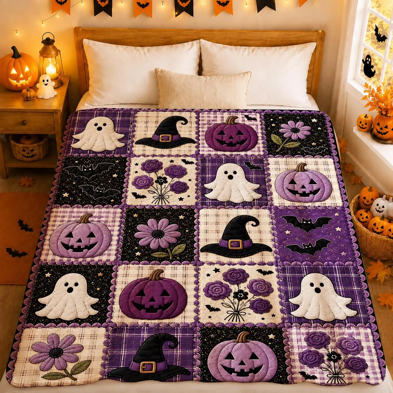 1pc Dreamy Purple Halloween Patchwork Style Flannel Blanket with White Ghosts, Purple Jack O Lanterns, Black Witch Hats, Bats And Floral Squares, Vintage Cozy 2D Printed Throw for Bedroom, Sofa, Bed, Nap And Fall Home Decor