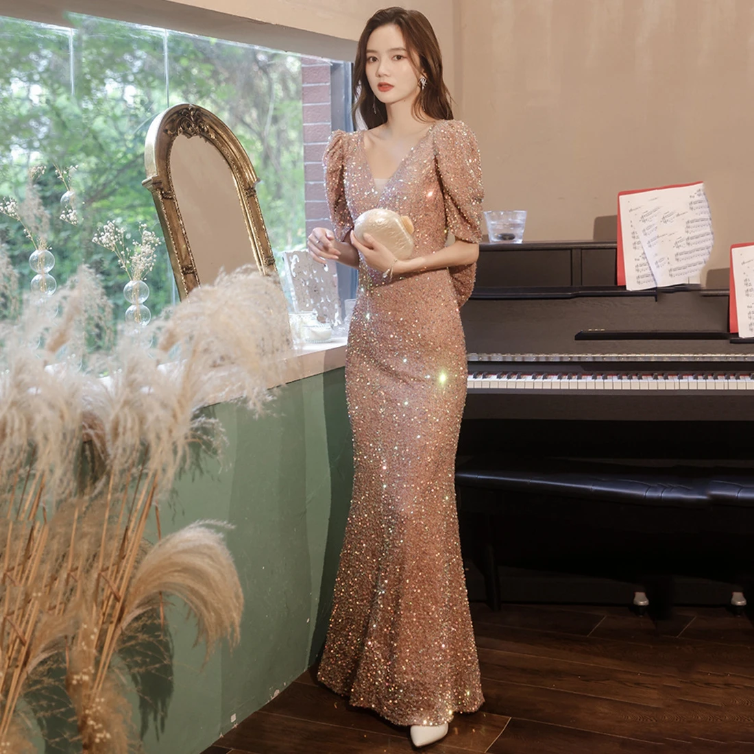 Sparkling Sequin V-Neck Floor-Length Prom Dress Customized