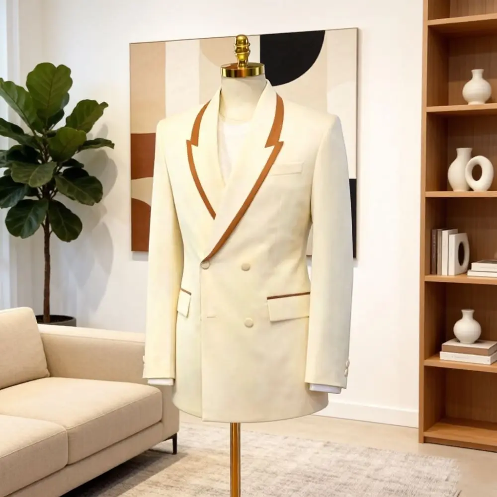Ivory White Suits Men 2 Pieces Slim Fit Groom Tuxedo Double Breasted Side Flap Pockets For Wedding Banquet (Jacket + Pants)