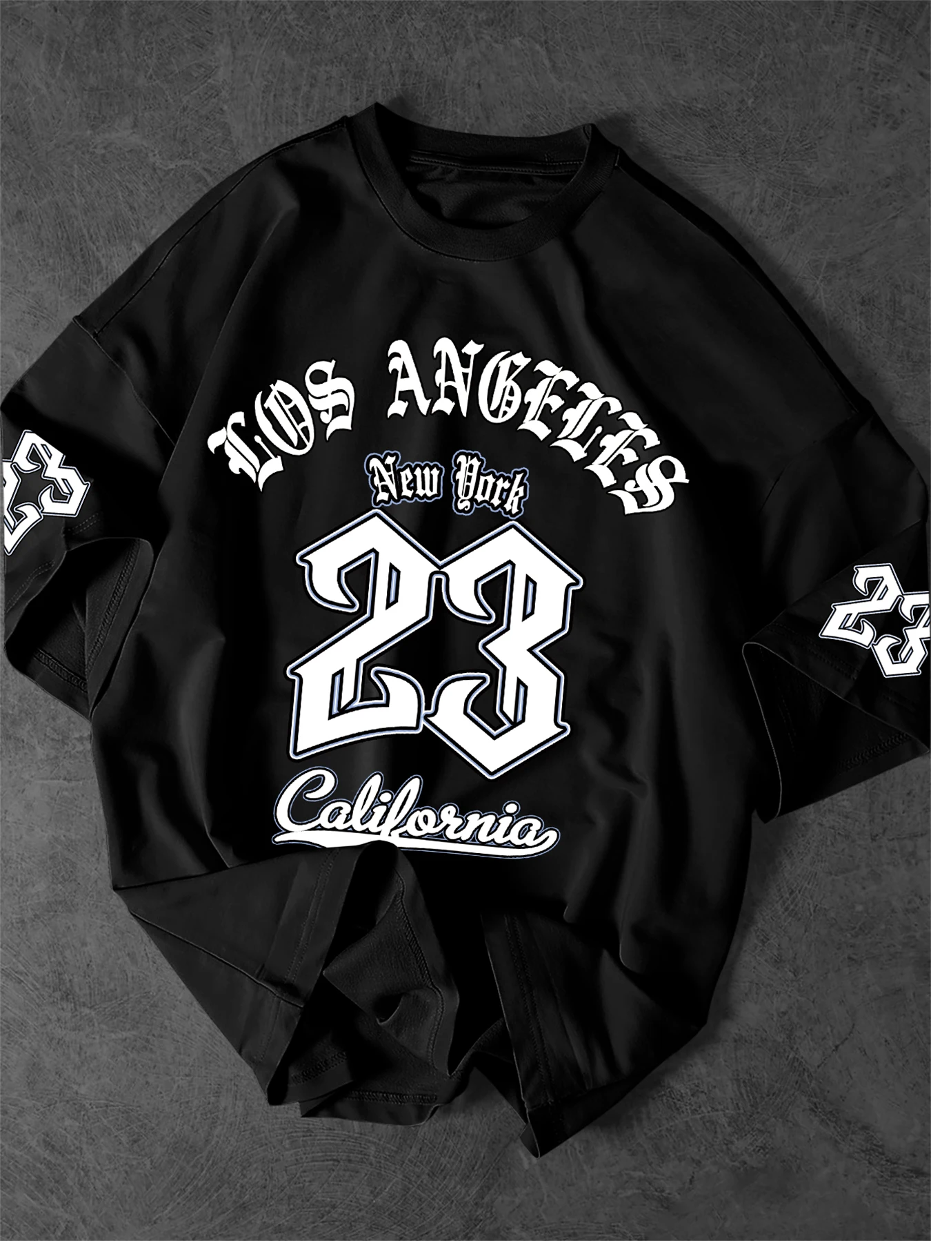 Retro American City Streetwear Short Sleeve With LA NY CA Gothic Font 23 Sleeve Digit Pattern Print, S-XXL